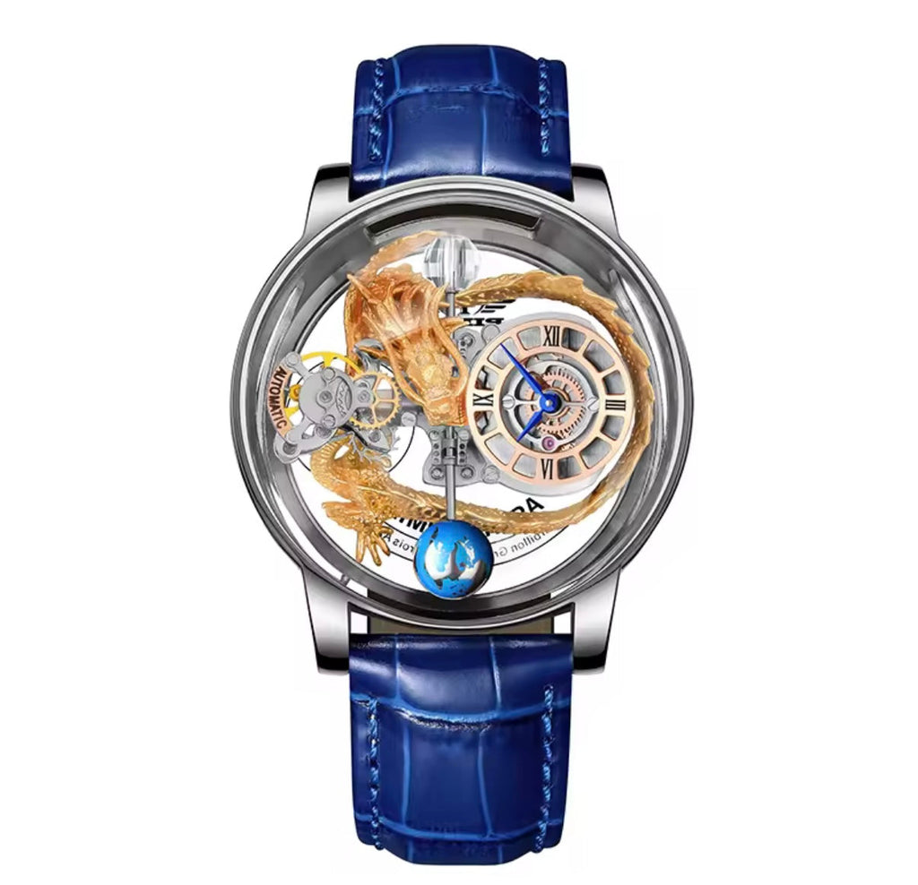 PINDU P6539 Earth Theme dragon celestial quartz watch rose gold case blue leather strap skeleton dragon dial front view