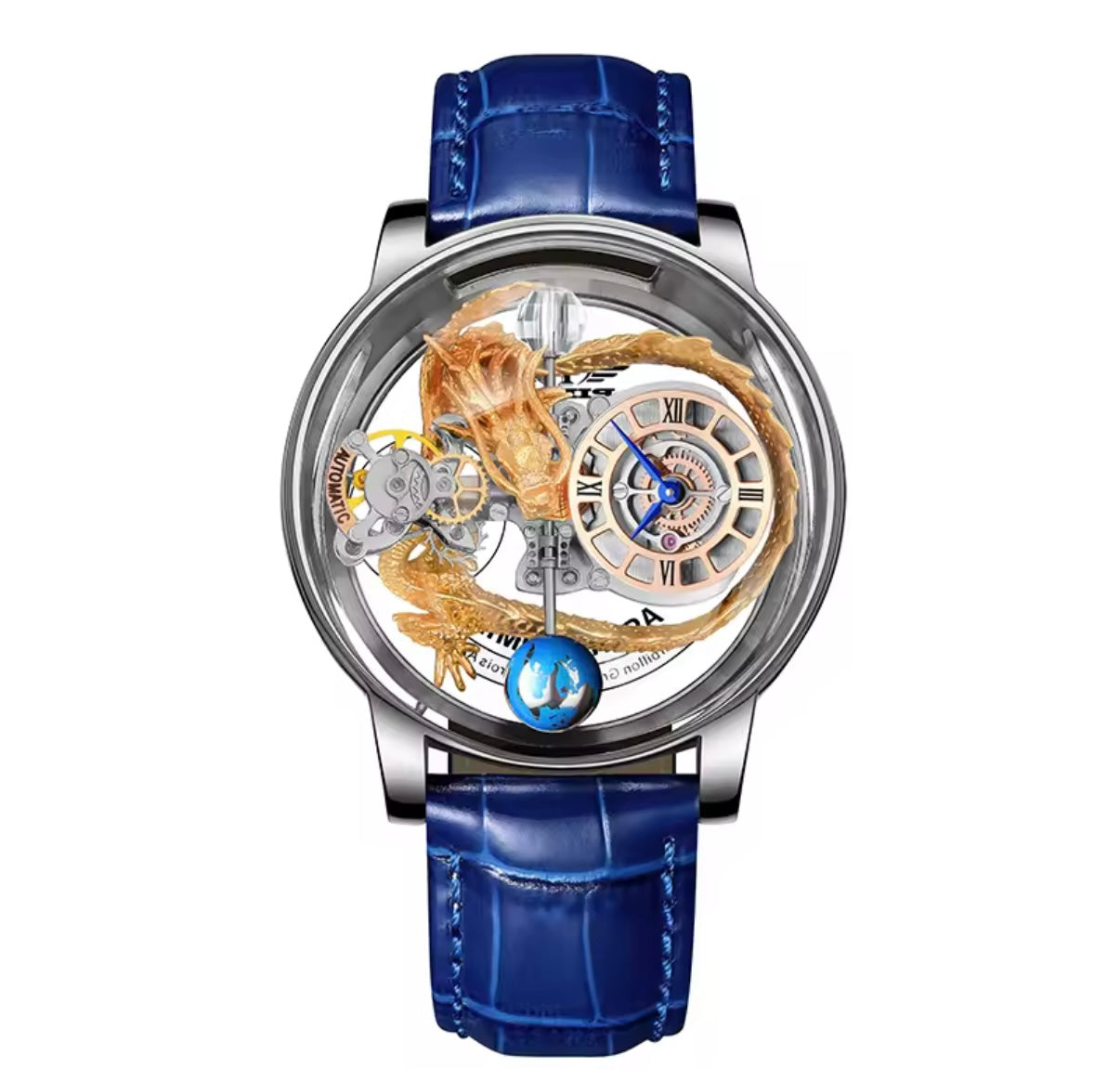 PINDU P6539 Earth Theme dragon celestial quartz watch rose gold case blue leather strap skeleton dragon dial front view