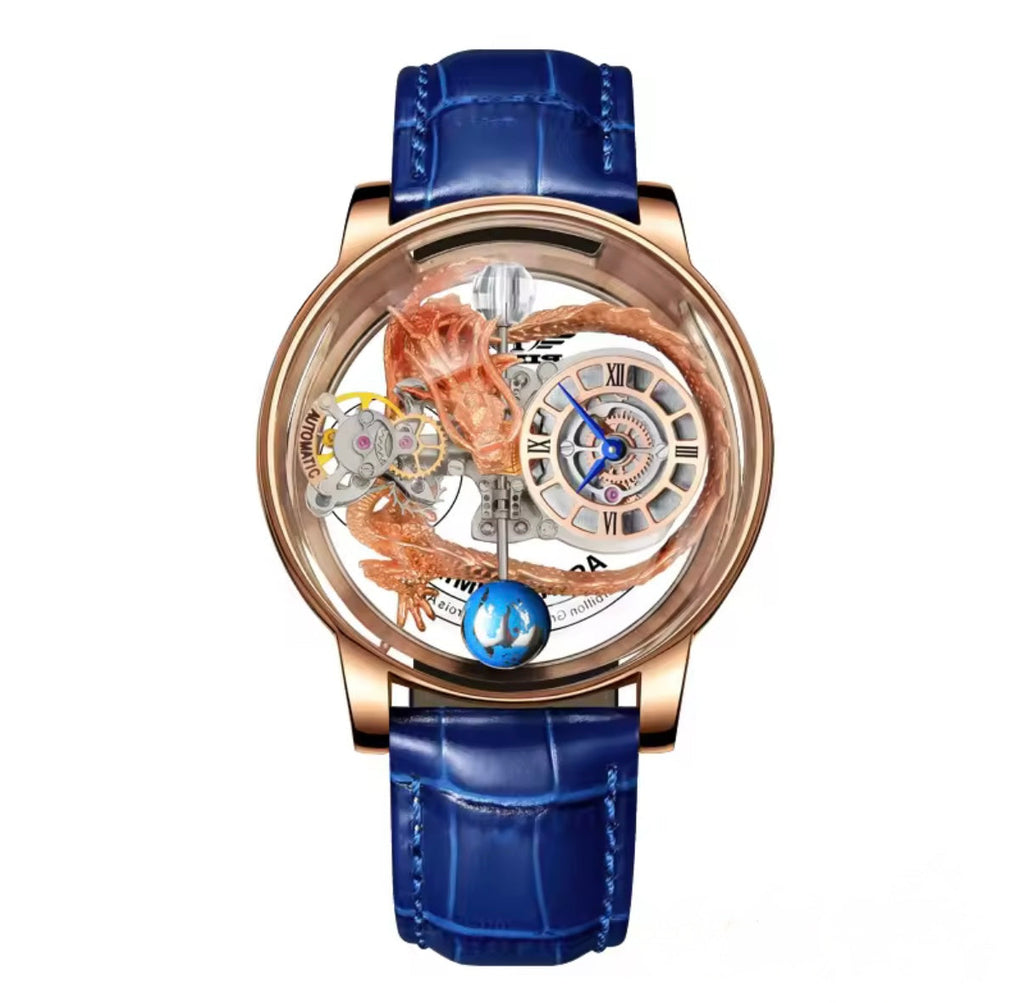 PINDU P6539 Earth Theme dragon celestial quartz watch rose gold case blue leather strap 3D dragon movement detail view