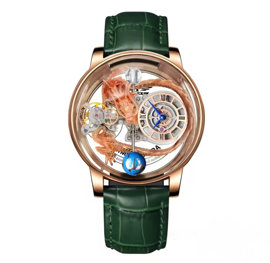 PINDU P6539 Earth Theme dragon celestial quartz watch rose gold case green leather strap dragon skeleton dial front view