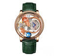 PINDU P6539 Earth Theme dragon celestial quartz watch rose gold case green leather strap dragon skeleton dial front view