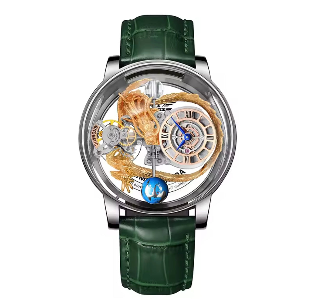 PINDU P6539 Earth Theme dragon celestial quartz watch silver case green leather strap dragon celestial globe dial front view