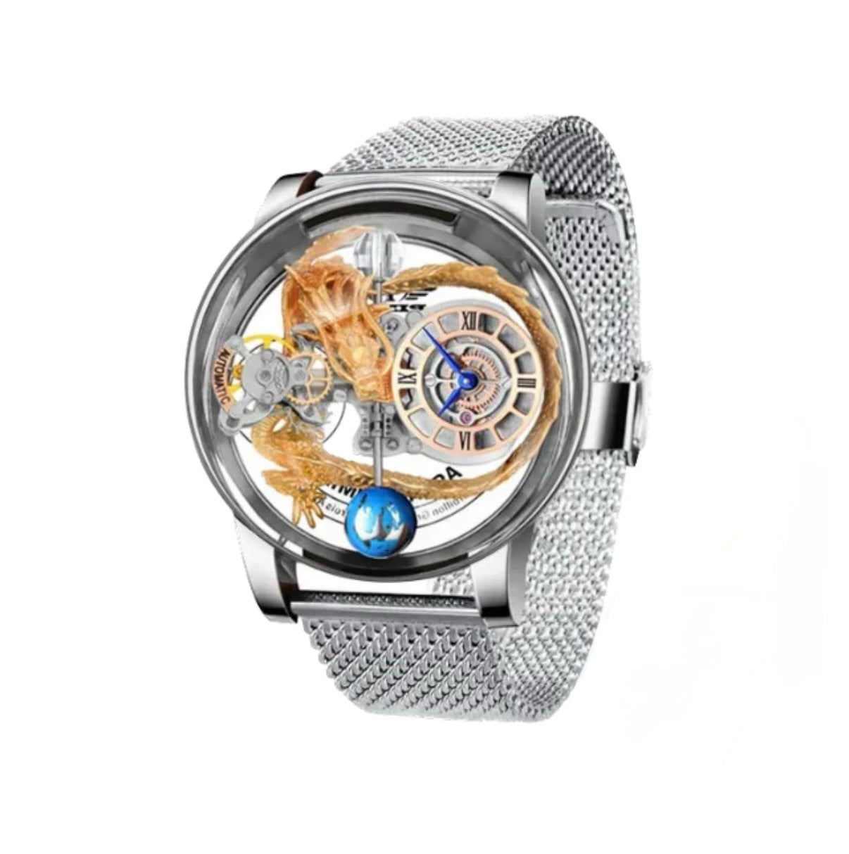 PINDU P6539 Earth Theme dragon celestial quartz watch silver case polished Milanese mesh bracelet wrist blue celestial globe