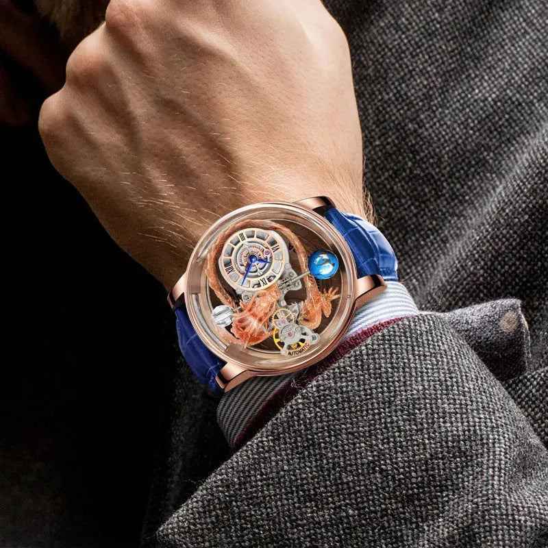 PINDU P6539 Earth Theme dragon celestial quartz watch on wrist close-up formal business attire