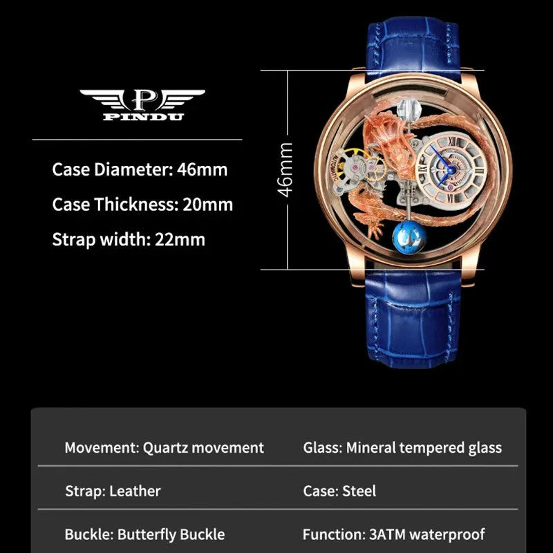 PINDU P6539 Earth Theme dragon celestial quartz watch branded specifications card full product parameters blue leather strap