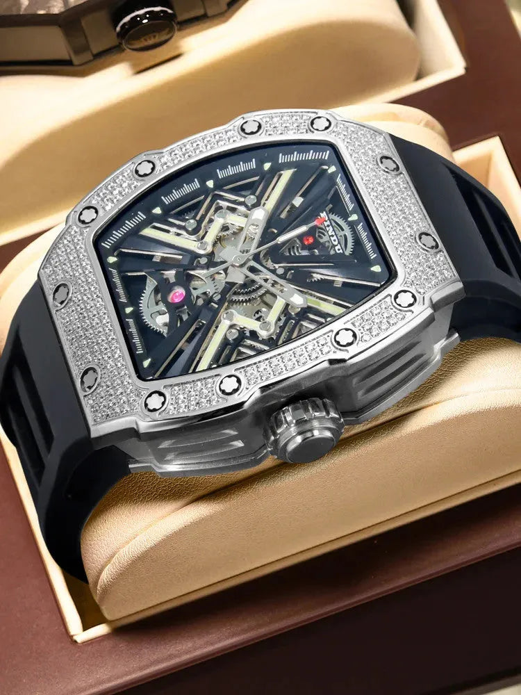 PINDU P6550 tonneau skeleton automatic watch diamond bezel silver case leather display roll angled overhead product shot