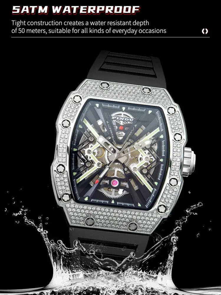 PINDU P6550 Tonneau Skeleton Automatic Watch gold case angle view