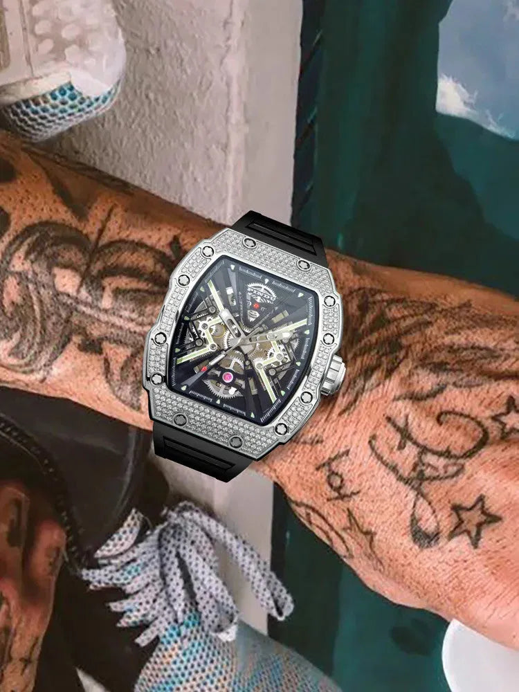 PINDU P6550 Tonneau Skeleton Automatic Watch gold case front view