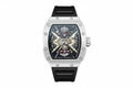 PINDU P6550 tonneau skeleton automatic watch silver stainless steel case black rubber strap skeleton dial visible mechanical movement front view