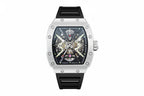 PINDU P6550 tonneau skeleton automatic watch silver stainless steel case black rubber strap skeleton dial visible mechanical movement front view