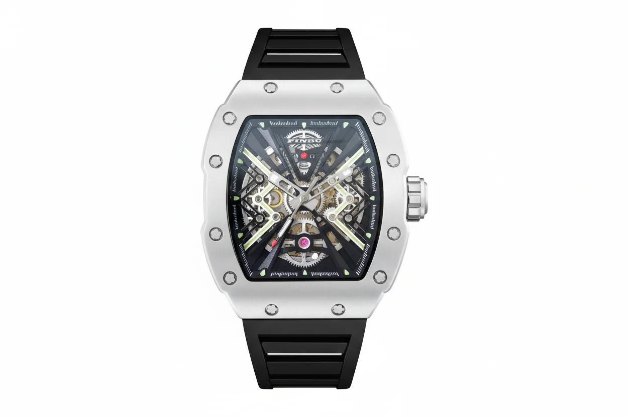 PINDU P6550 tonneau skeleton automatic watch silver stainless steel case black rubber strap skeleton dial visible mechanical movement front view
