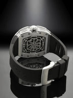 PINDU P6550 Tonneau Skeleton Automatic Watch silver case skeleton dial closeup