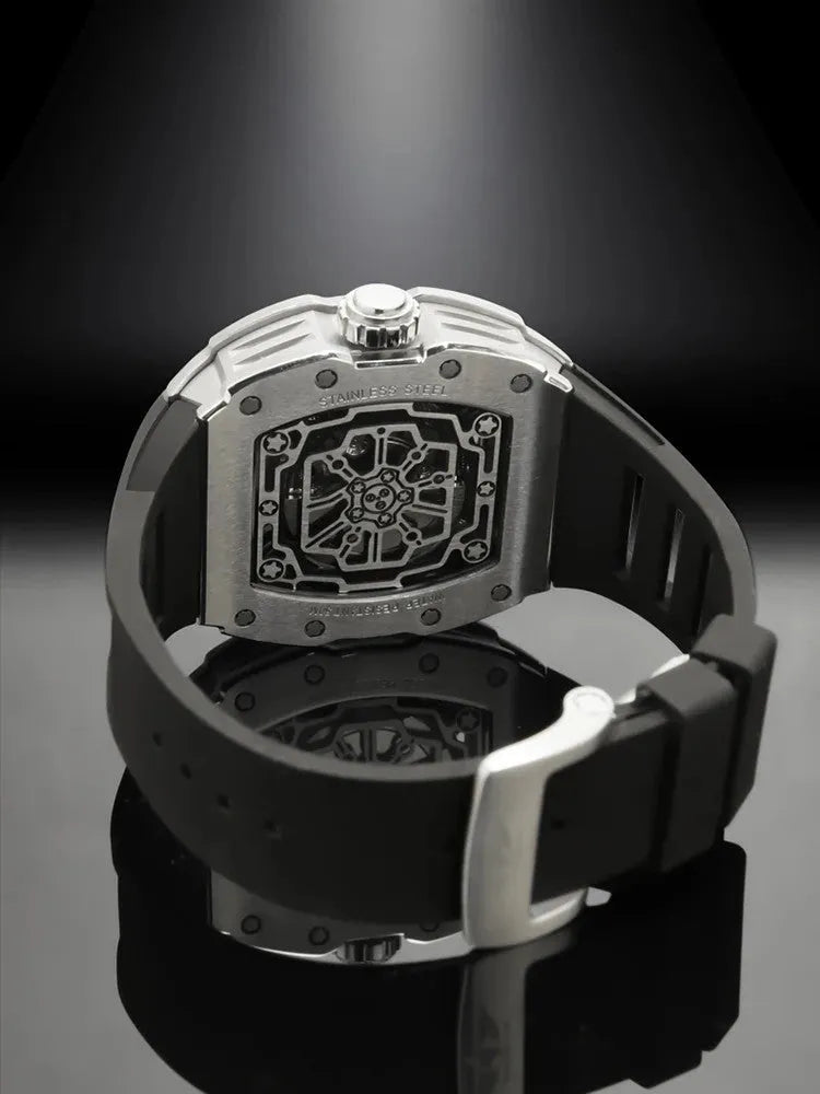 PINDU P6550 Tonneau Skeleton Automatic Watch silver case skeleton dial closeup