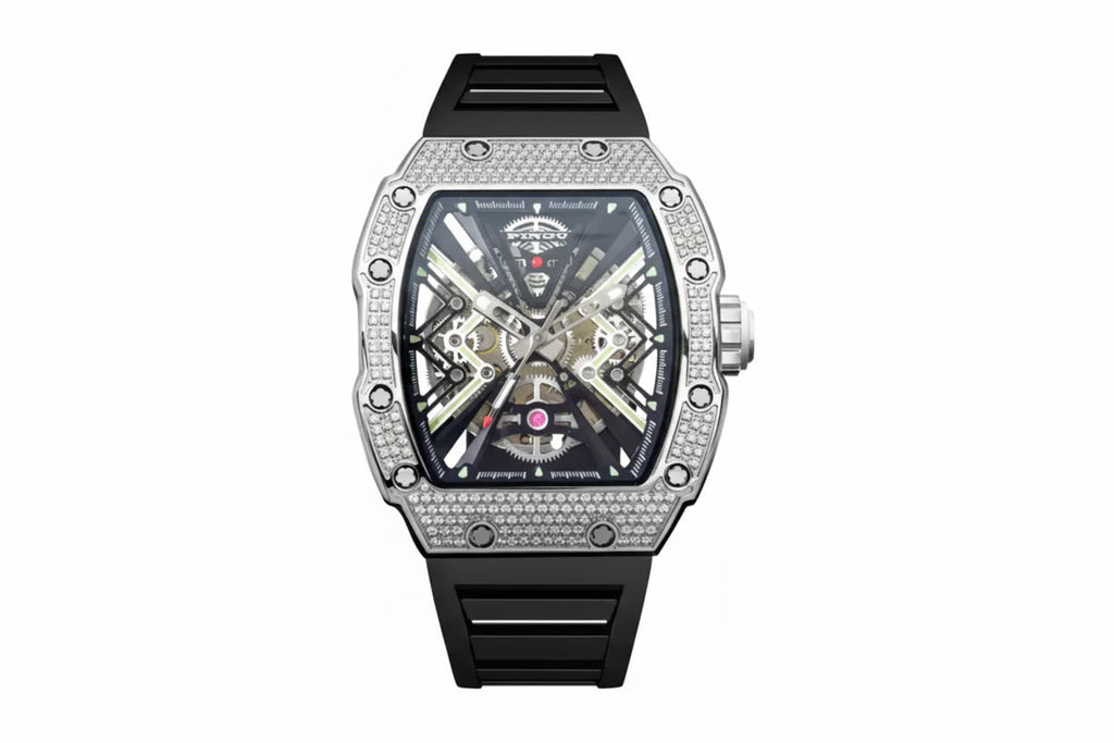 PINDU P6550 tonneau skeleton automatic watch silver steel case diamond-set bezel black rubber strap skeleton dial mechanical movement front view