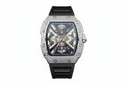 PINDU P6550 tonneau skeleton automatic watch silver steel case diamond-set bezel black rubber strap skeleton dial mechanical movement front view