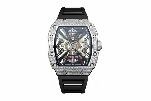 PINDU P6550 tonneau skeleton automatic watch silver steel case diamond-set bezel black rubber strap skeleton dial mechanical movement front view