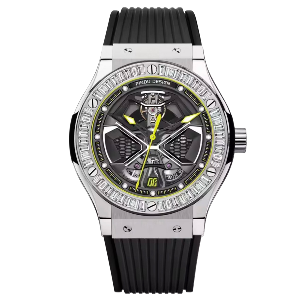 PINDU P6552 automatic skeleton watch barrel case rainbow colorful diamond bezel navy rubber strap skeleton dial front view