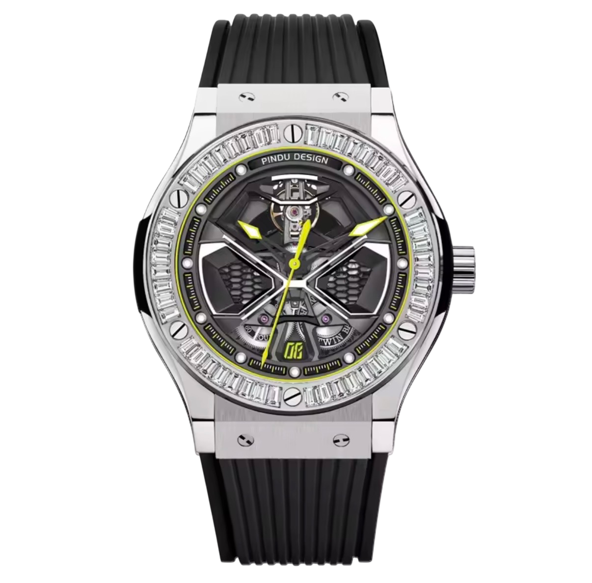PINDU P6552 automatic skeleton watch barrel case rainbow colorful diamond bezel navy rubber strap skeleton dial front view