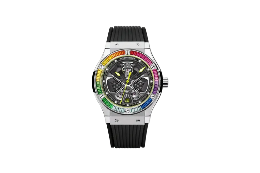 PINDU P6552 automatic skeleton watch barrel case yellow green blue rainbow diamond bezel navy rubber strap skeleton dial front view