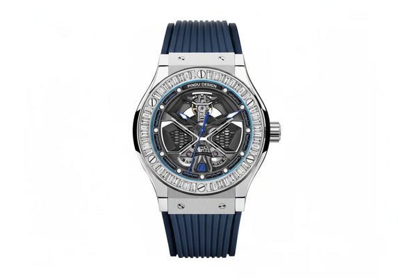 PINDU P6552 automatic skeleton watch barrel silver case white clear baguette diamond bezel navy rubber strap skeleton dial front view