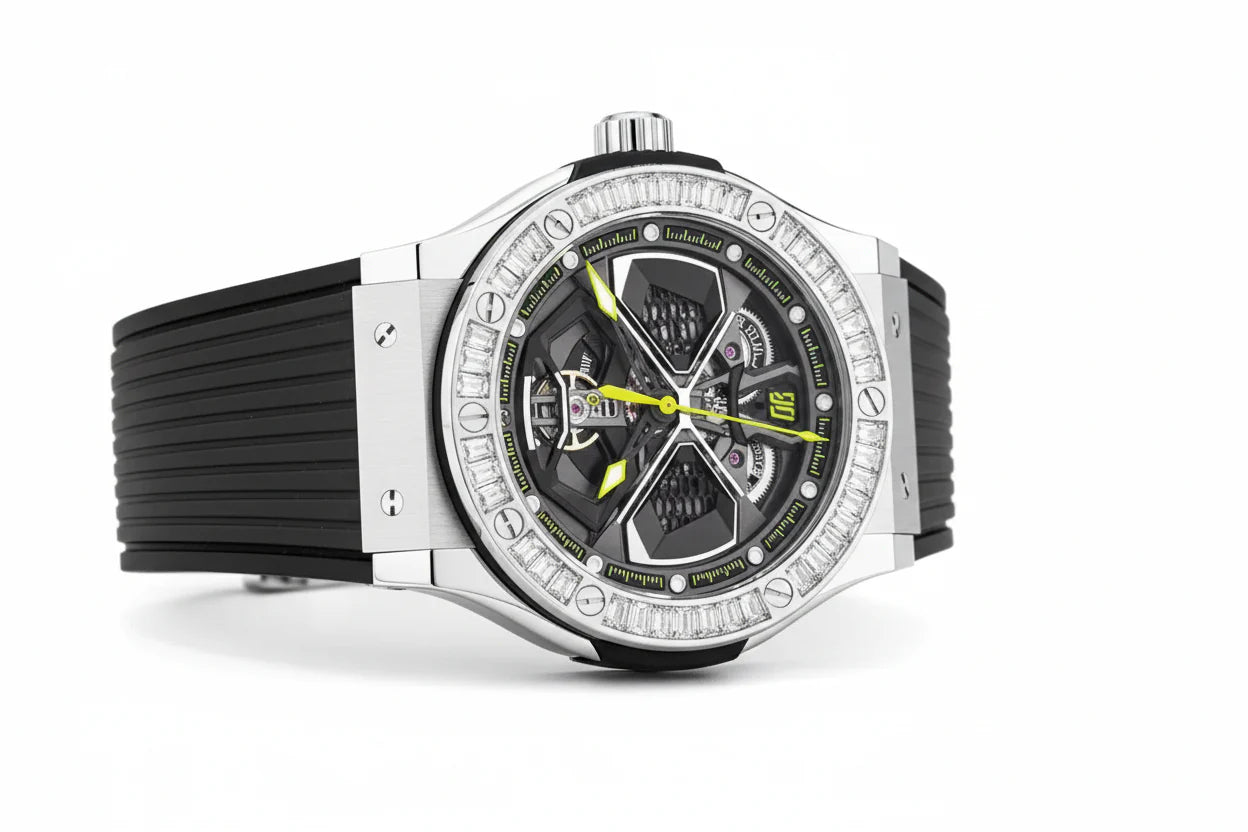 PINDU P6552 automatic skeleton watch barrel silver case navy rubber strap wrist side profile view case thickness lugs detail