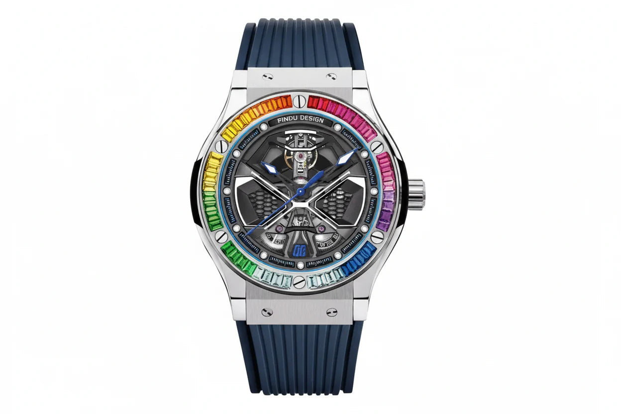 PINDU P6552 automatic skeleton watch barrel silver case rainbow gradient baguette diamond bezel navy rubber strap skeleton dial front view