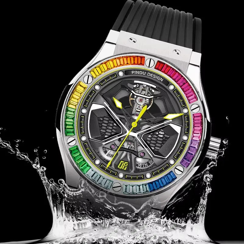 PINDU P6552 automatic skeleton watch luminous green lume glow dark background 5ATM waterproof feature