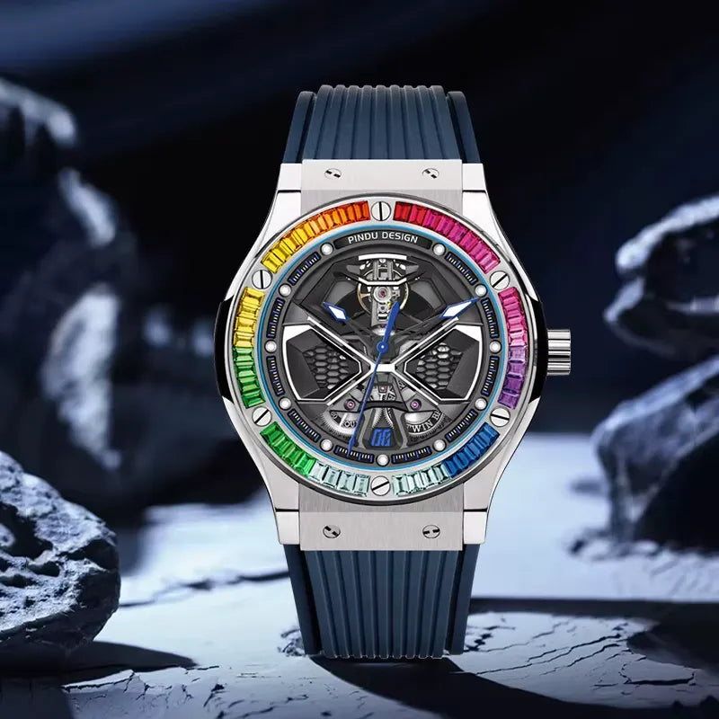 PINDU P6552 automatic skeleton watch rainbow colorful diamond bezel silver case navy strap icy snow rock lifestyle environment