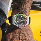 PINDU P6552 automatic skeleton watch rainbow diamond bezel water splash action shot waterproof barrel case navy strap