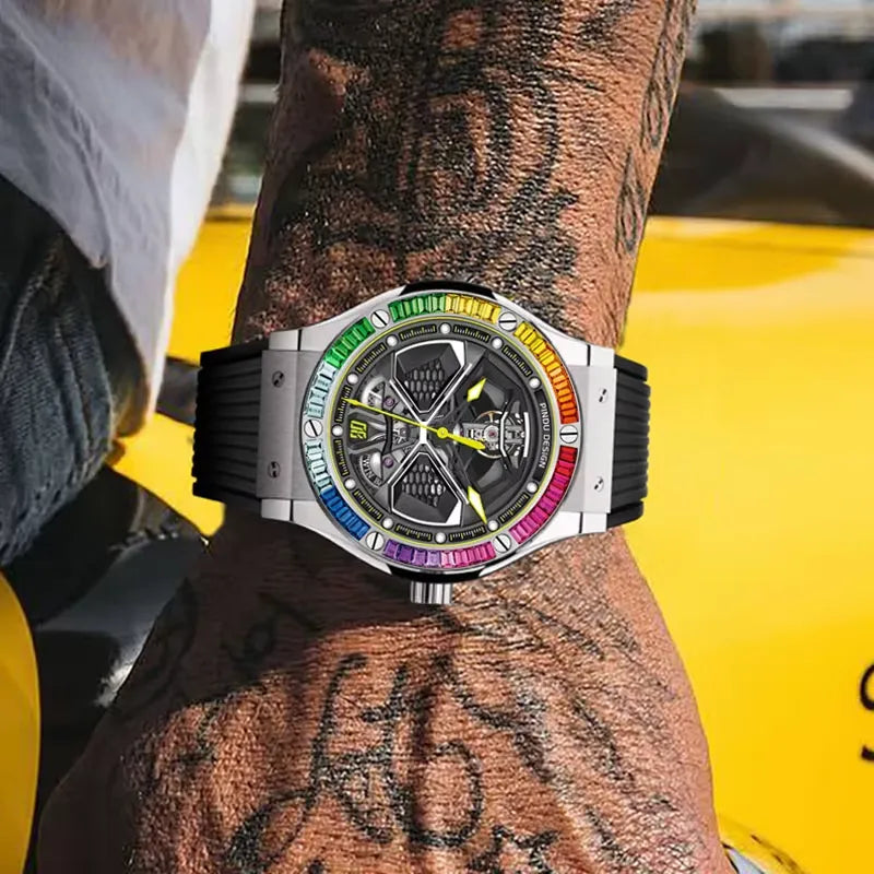 PINDU P6552 automatic skeleton watch rainbow diamond bezel water splash action shot waterproof barrel case navy strap