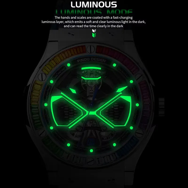 PINDU P6552 automatic skeleton watch specifications 44.5mm automatic movement four color variants comparison 5ATM waterproof