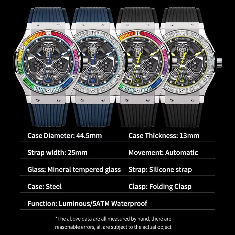 PINDU P6552 automatic skeleton watch specifications detail sheet four color variants folding clasp silicone strap 5ATM
