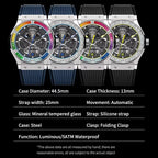 PINDU P6552 automatic skeleton watch specifications detail sheet four color variants folding clasp silicone strap 5ATM