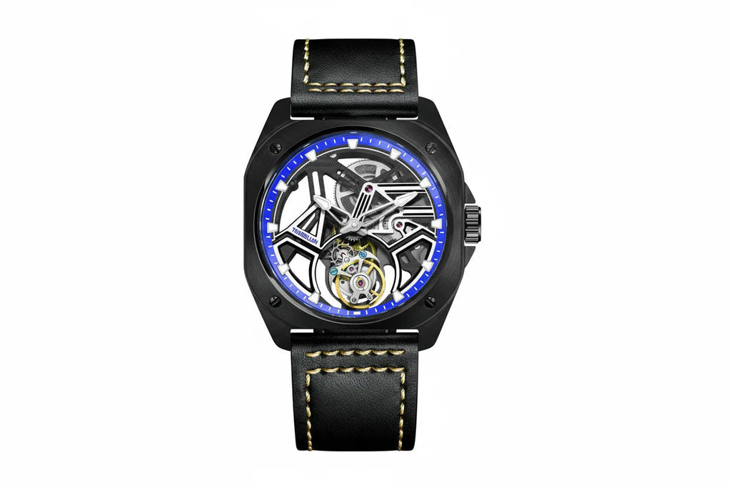 PINDU P6568 hollow transparent automatic tourbillon watch black PVD case blue luminous hour markers skeleton dial gold tourbillon black leather strap front view