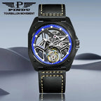 PINDU P6568 hollow transparent automatic tourbillon watch black PVD case blue lume markers dark rock surface lifestyle shot