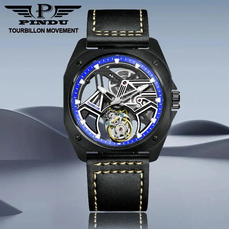 PINDU P6568 hollow transparent automatic tourbillon watch black PVD case blue lume markers dark rock surface lifestyle shot