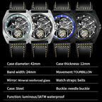 PINDU P6568 hollow transparent automatic tourbillon watch on tattooed wrist black PVD case blue bezel markers skeleton dial