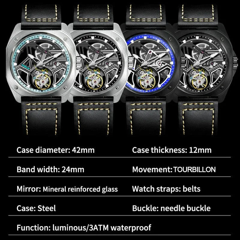 PINDU P6568 hollow transparent automatic tourbillon watch on tattooed wrist black PVD case blue bezel markers skeleton dial