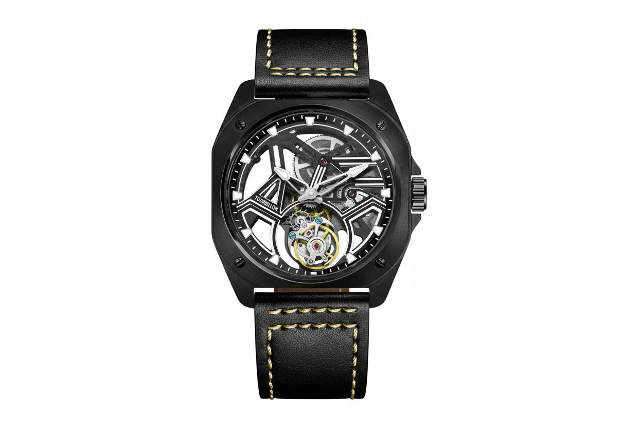 PINDU P6568 hollow transparent automatic tourbillon watch black PVD case black leather strap skeleton dial geometric bridges gold tourbillon front view