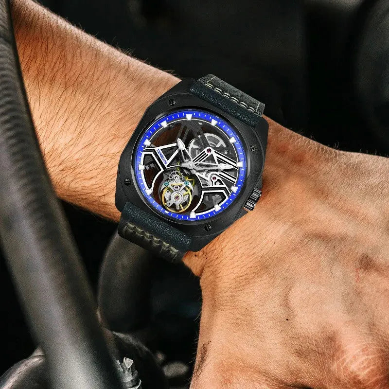PINDU P6568 hollow transparent automatic tourbillon watch comparison silver stainless and black PVD case variants on dark rocks