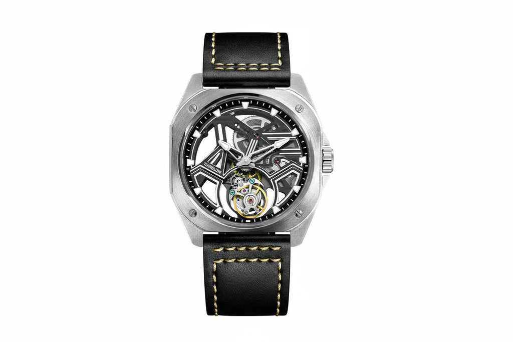 PINDU P6568 hollow transparent automatic tourbillon watch silver brushed stainless steel case black leather strap skeleton dial geometric white bridges tourbillon front view