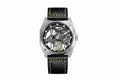 PINDU P6568 hollow transparent automatic tourbillon watch silver brushed stainless steel case black leather strap skeleton dial geometric white bridges tourbillon front view
