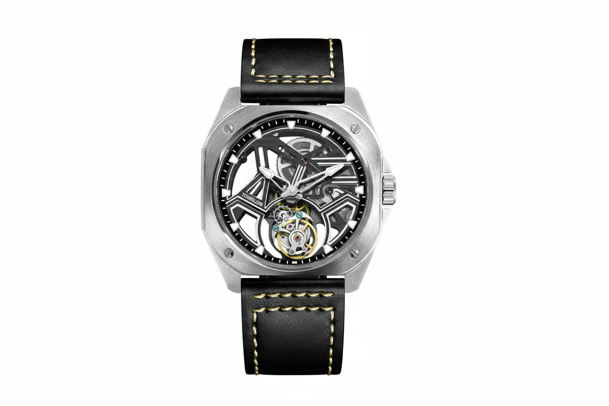 PINDU P6568 hollow transparent automatic tourbillon watch silver brushed stainless steel case black leather strap skeleton dial geometric white bridges tourbillon front view