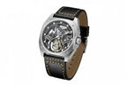 PINDU P6568 hollow transparent automatic tourbillon watch silver case black leather strap angled side profile case thickness detail