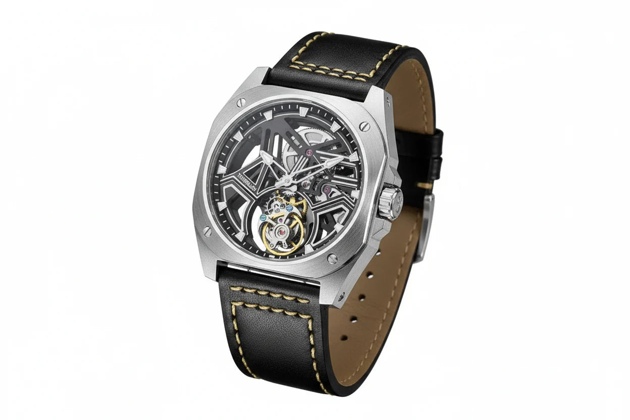 PINDU P6568 hollow transparent automatic tourbillon watch silver case black leather strap angled side profile case thickness detail
