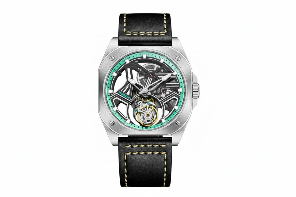 PINDU P6568 hollow transparent automatic tourbillon watch silver stainless steel case black leather strap skeleton dial geometric white bridges gold tourbillon green lume markers front view