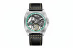 PINDU P6568 hollow transparent automatic tourbillon watch silver stainless steel case black leather strap skeleton dial geometric white bridges gold tourbillon green lume markers front view
