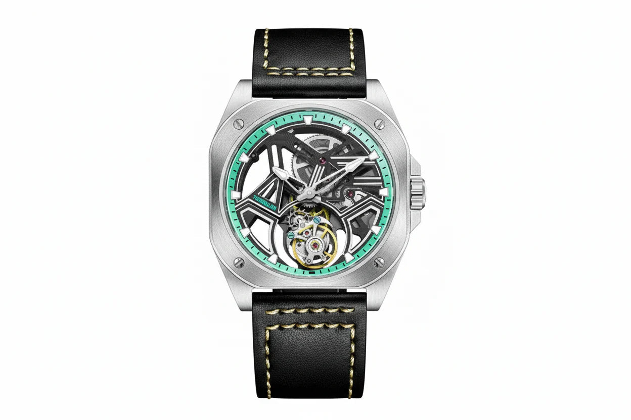 PINDU P6568 hollow transparent automatic tourbillon watch silver stainless steel case black leather strap skeleton dial geometric white bridges gold tourbillon green lume markers front view