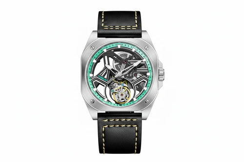PINDU P6568 hollow transparent automatic tourbillon watch silver stainless steel case black leather strap skeleton dial geometric white bridges gold tourbillon green lume markers front view