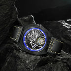 PINDU P6568 hollow transparent automatic tourbillon watch on wrist silver steel case black leather strap skeleton tourbillon indoor lifestyle